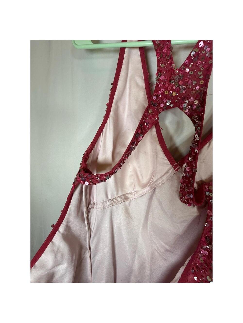 Adrianna Papell Gown Womens Size 8 Pink Sequin Halter Maxi Deep V Back Cutout - Picture 13 of 16